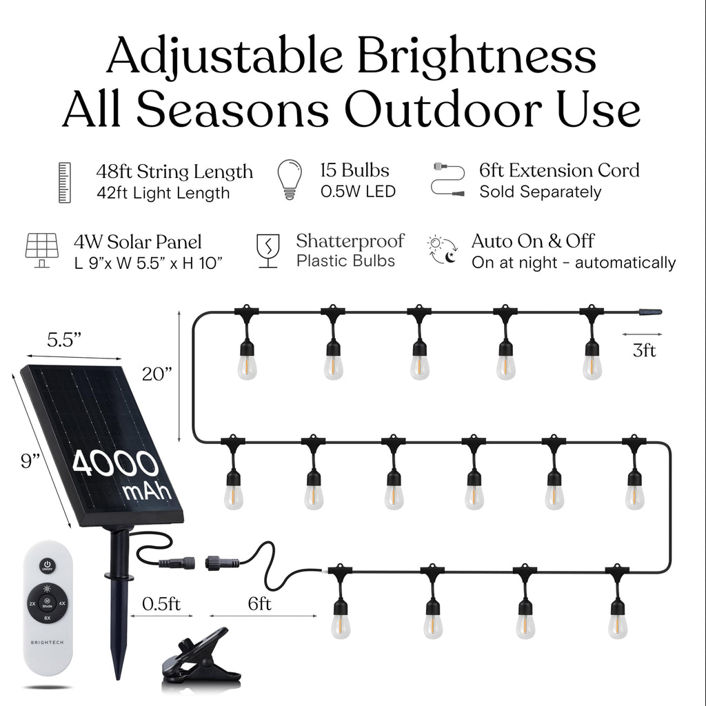 Brightech Ambience Pro Super Bright Solar - 48 Ft Remote Control Outdoor String Lights with Shatterproof Commercial Grade LED S14 Edison Bulbs, Waterproof Patio Light for Deck, 4W Soft White, 15 Bulbs