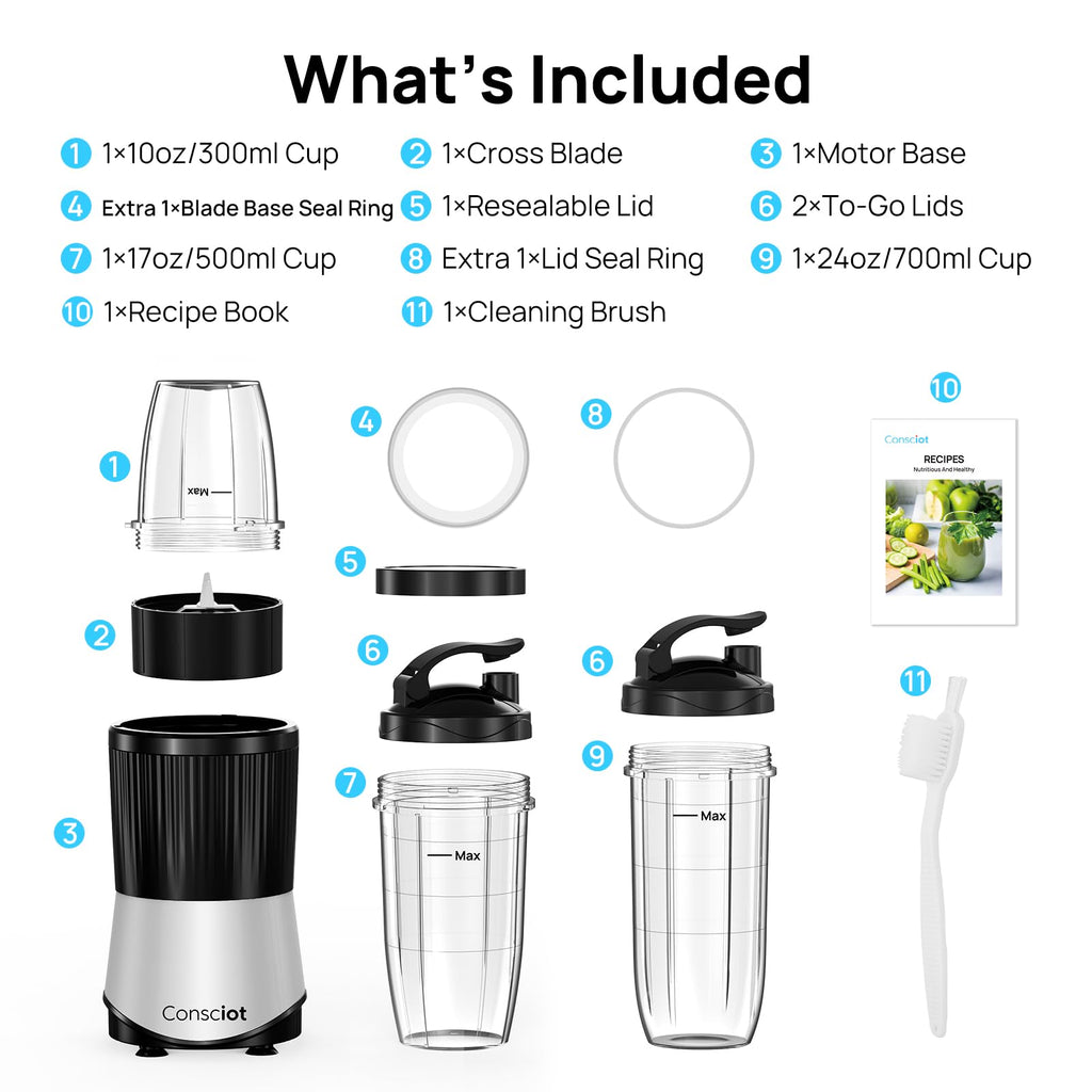 Consciot 11-Piece Blender for Kitchen and Personal Size, 900 Peak Watts