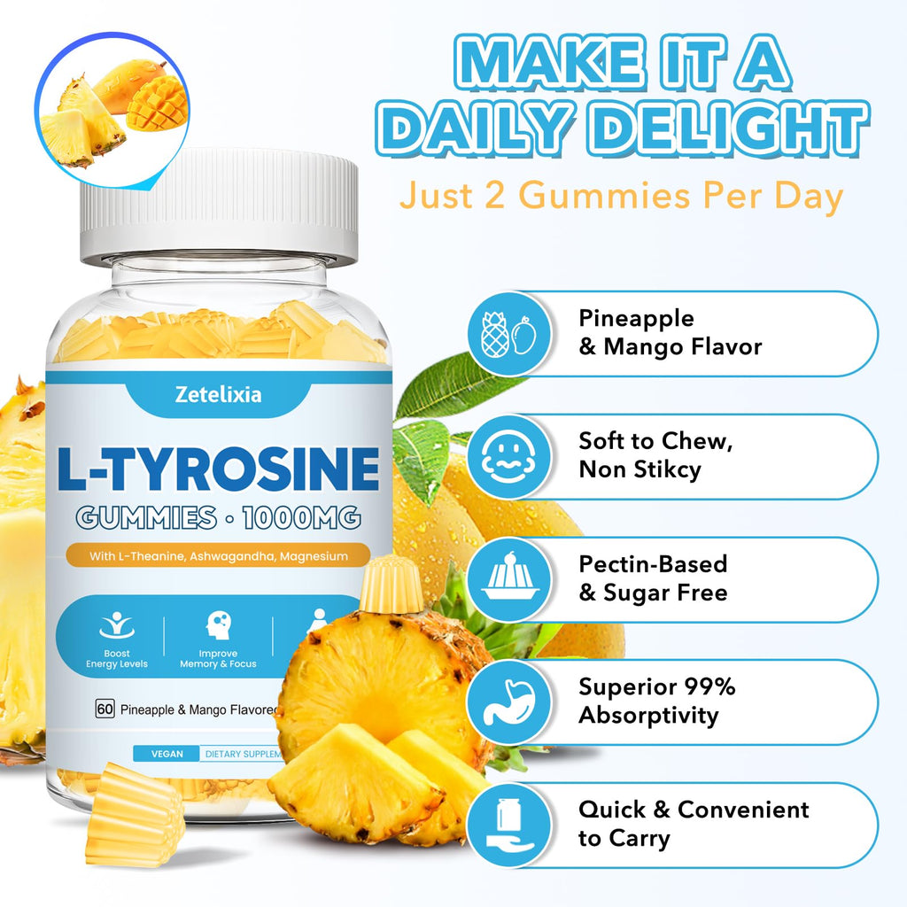 L Tyrosine Gummies, 2 Pack L-Tyrosine Supplement, Tyrosine Gummies with L-Theanine B6 D3, Tyrosine Supplement for Brain, Memory, Energy, Mood for Adult & Kids, Pineapple & Mango Flavor, 120 Ct