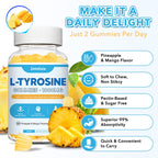 L Tyrosine Gummies, 2 Pack L-Tyrosine Supplement, Tyrosine Gummies with L-Theanine B6 D3, Tyrosine Supplement for Brain, Memory, Energy, Mood for Adult & Kids, Pineapple & Mango Flavor, 120 Ct