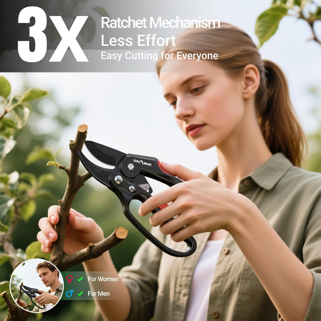 FLORA GUARD Ratchet Pruning Shears with SK5 Steel Blade, 3-Step Ratchet