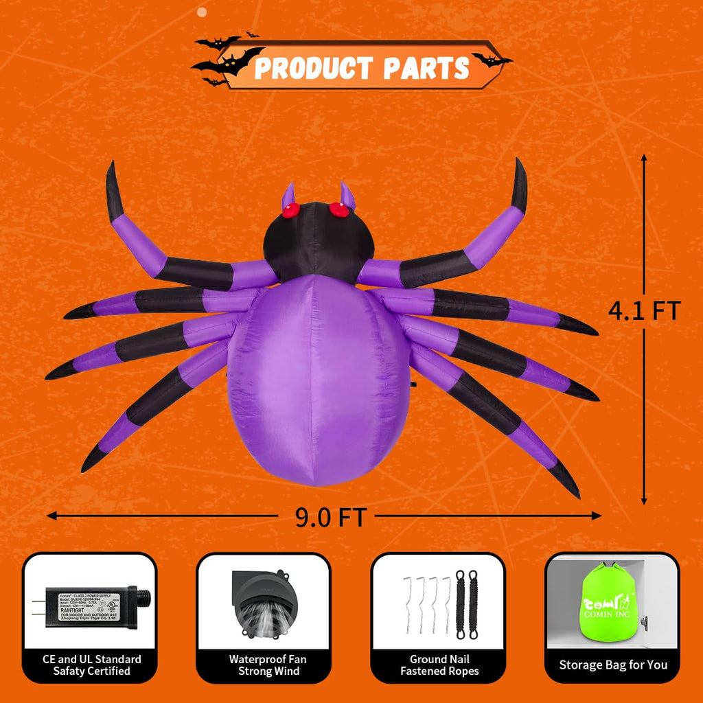 COMIN 9FT Halloween Inflatables Decorations Purple Spider Yard LEDs Decor