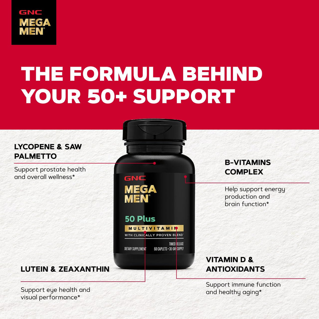 GNC Mega Men 50 Plus Multivitamin Caplets for Men, Clinically Proven, Heart & Prostate Health, B Vitamins, Saw Palmetto, Memory, Vitamin D-3, 60 Count