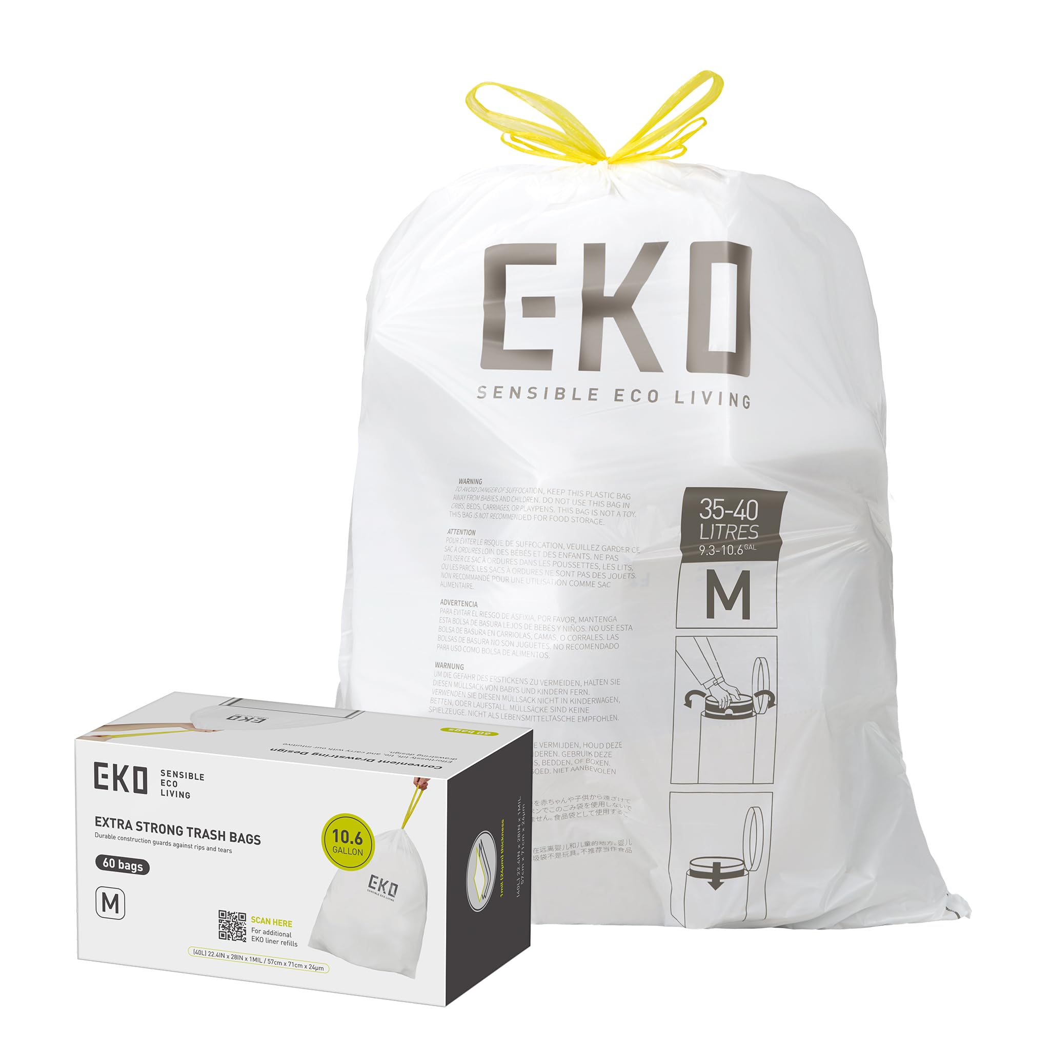 EKO 10.6 Gallon / 35–40 Liter Drawstring Trash Bags, 60 Count Heavy-Duty Tall Kitchen Garbage Can Liners, Extra-Strong Leak-Resistant, Unscented, White, Code M