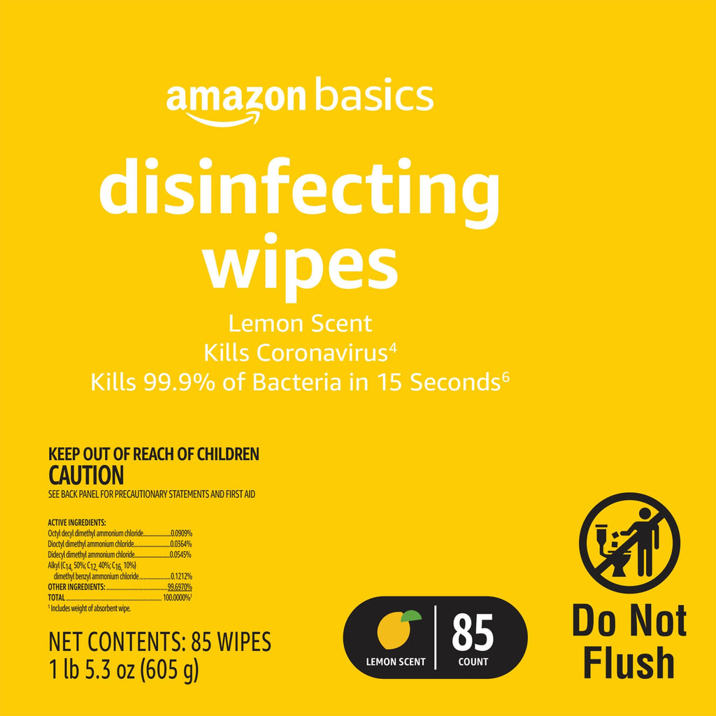 Amazon Basics Disinfecting Wipes, Lemon & Fresh Scent, Sanitizes/Cleans/Disinfects/Deodorizes, 1020 Count (12 Packs of 85)