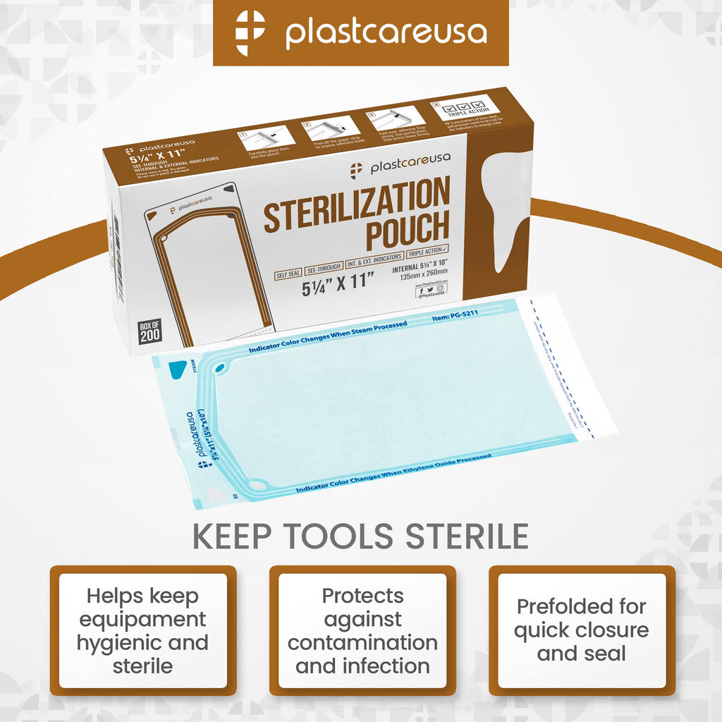 1000 5.25 x 10 Self Sealing Sterilization Pouches - Autoclave Sterilizer Bags Pouch for Sterilizing Dental Medical Instruments and Cleaning Tools - Latex-Free, Color Changin Indicator by PlastCare USA