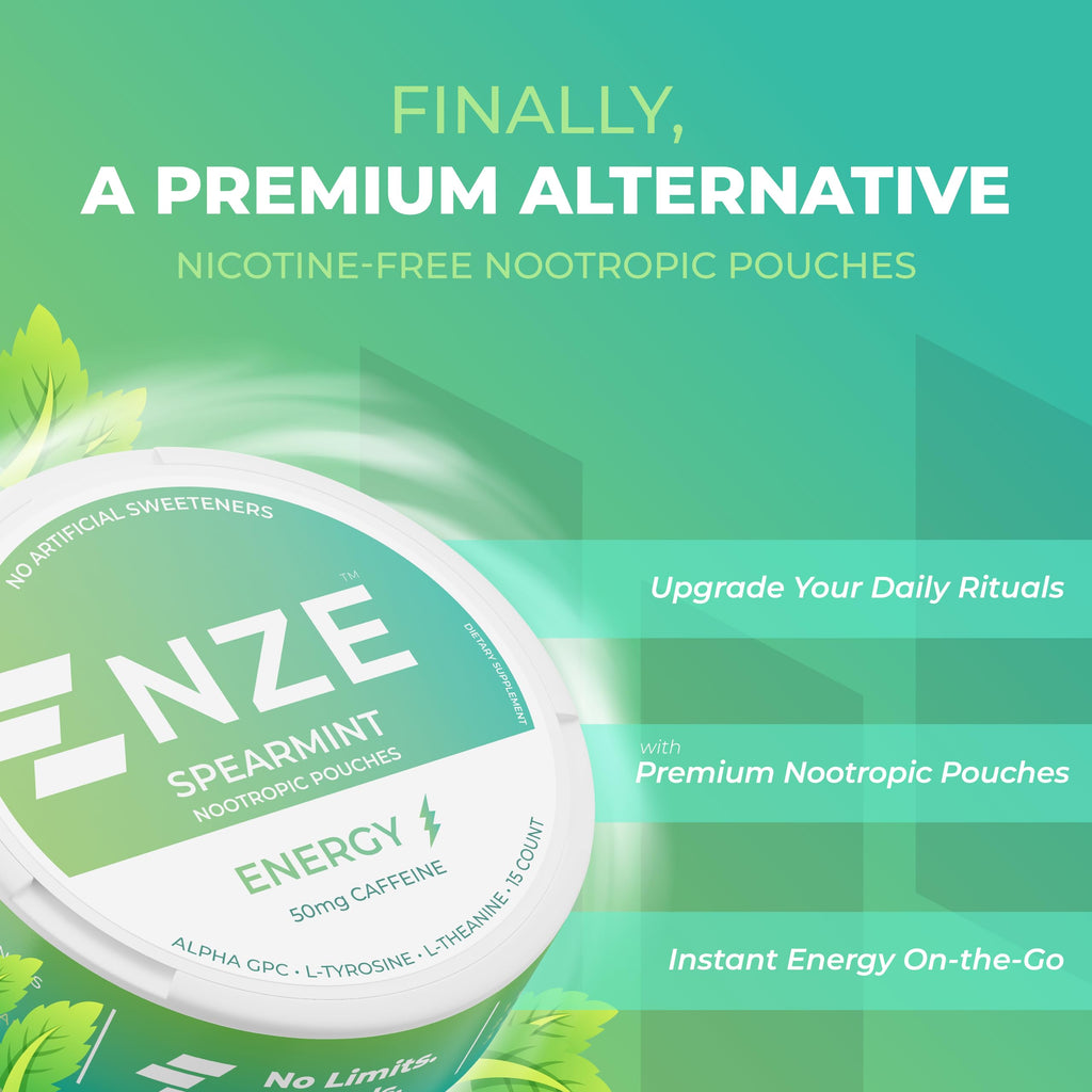 NZE Caffeine Nootropic Pouches (Spearmint) - Energy Pouches with 50mg Caffeine, Alpha GPC, L-Tyrosine & L-Theanine with No Sugar or Artificial Sweeteners - 15 Pouches Per Can - 5 Pack