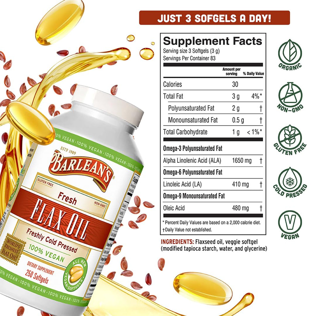 Barlean's Vegan Flaxseed Oil Supplements, Cold-Pressed Flax Seed Supplement Softgels with 1650 mg ALA Fatty Acids, 250 Count