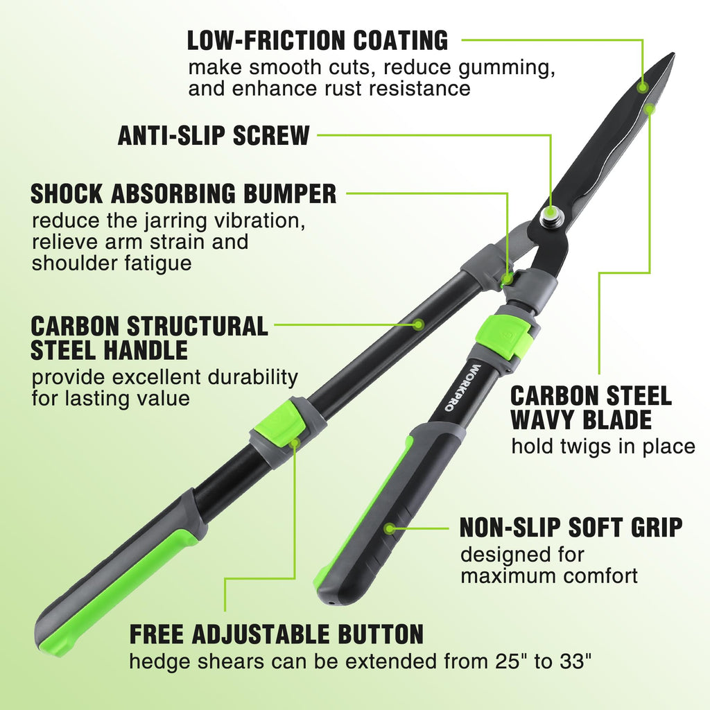 WORKPRO Extendable Hedge Shear, 25"-33" Manual Hedge Clipper/Bush Cutter