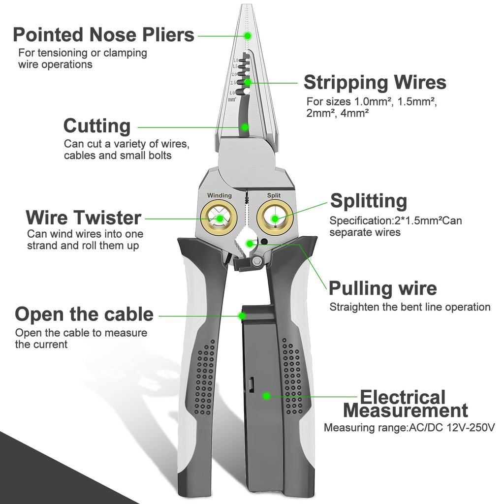 GADO Pro 8-in-1 Wire Stripper/Cutter with Voltage Tester & Dual Alarms - Heavy Duty 12-250V AC/DC Electrical Tester for Hot/Neutral Wires - Electrician, HVAC, Car Repair Tool (Gray)