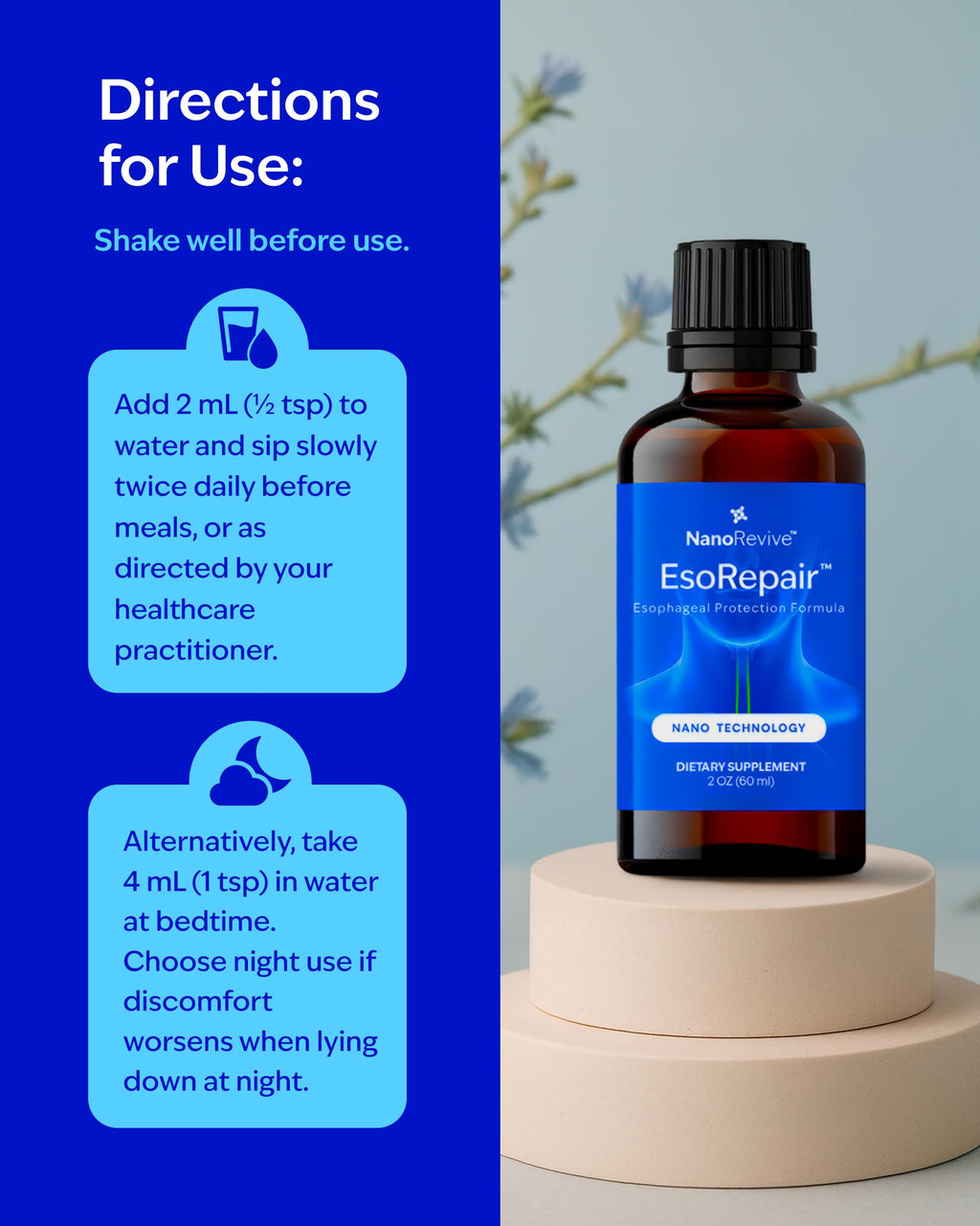 EsoRepair Nano Esophageal Health Supplements for Men & Women - Digestive Comfort, Heartburn Relief & Tissue Healing - Slippery Elm Bark, Zinc L-Carnosine & Aloe Vera Extract - Non-GMO & Dairy Free