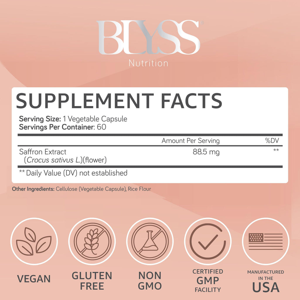 BLYSS Nutrition Saffron Supplements – Saffron Extract Pills for Women – Support Mood, Energy Boost, PMS, Mental Clarity & Metabolism - Non-GMO, Gluten Free, 60 Vegan Capsules