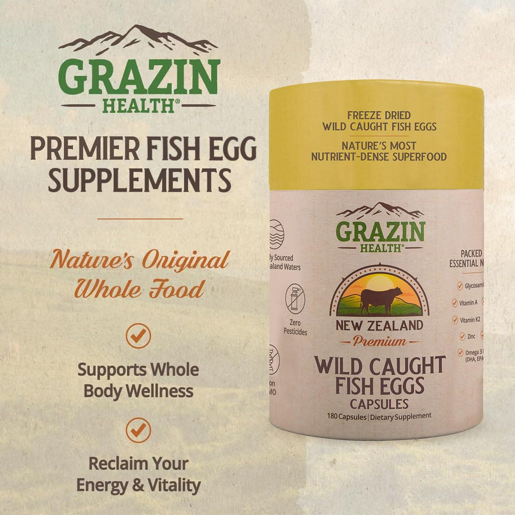 GRAZIN HEALTH Fish Eggs Capsules – 3000mg Per Serving | Omega-3, DHA & EPA Rich Fish Roe Supplement with Essential Fatty Acids for Heart, Brain, Immune & Daily Nutrition Support – 30 Servings