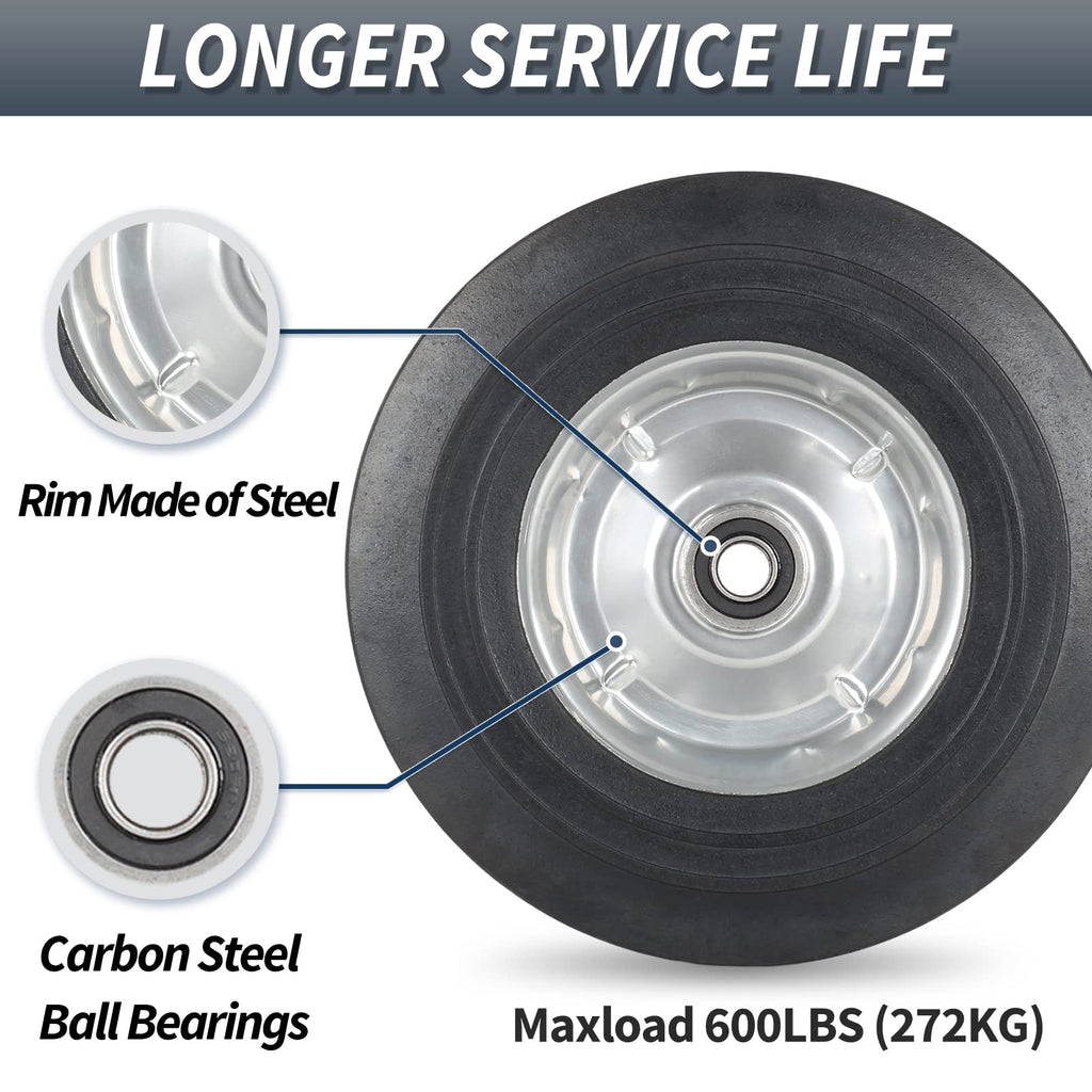 GICOOL 10" x 2.5" Flat Free Solid Rubber Tire with 5/8" Axle Bore Hole, 2 1/4" Hub, Replacement 4.10/3.50-4" for Hand Truck Dolly Trolley Garden Wagon Cart Generator, 2 Pack