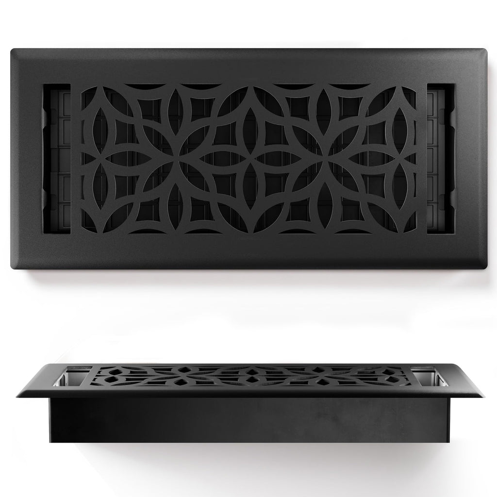 Floor Vent Covers – 4x10 Floor Register – 8 Pack – Heavy-Duty Steel, Rustproof & Walkable Grates, Drop-in Install, Adjustable Airflow – Decorative Floral Design, Textured Black