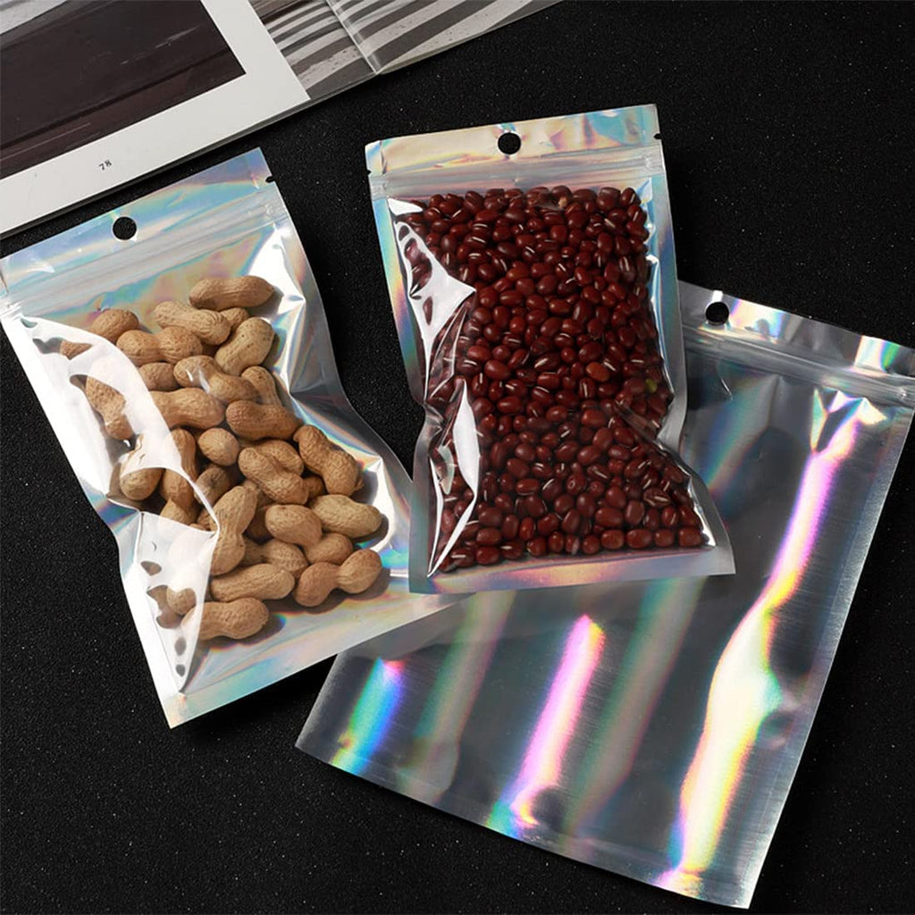 EgticLive 100 Pack Resealable Holographic Bags for Small Business, Iridescent Mylar Bags with Clear Front Smell Proof Foil Packing Pouches for Multipurpose Storage (6.3 X 9.5 inches)