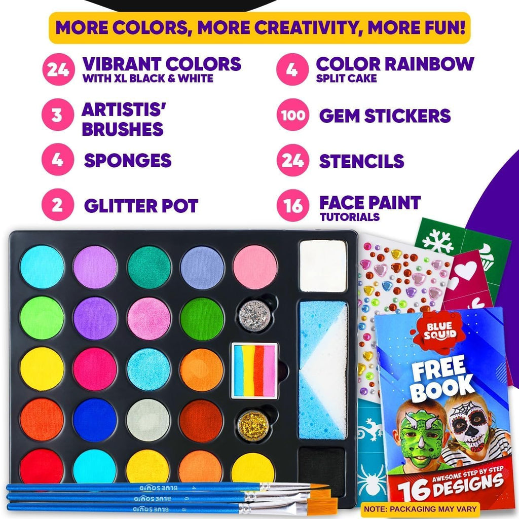 Blue Squid Face Painting Kit for Kids - 28 Color Face Paint Kit Palette with 160pc accessories Stencils, Water Activated Non Toxic Washable Professional Facepaint body set Halloween Party Makeup