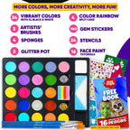 Blue Squid Face Painting Kit for Kids - 28 Color Face Paint Kit Palette with 160pc accessories Stencils, Water Activated Non Toxic Washable Professional Facepaint body set Halloween Party Makeup