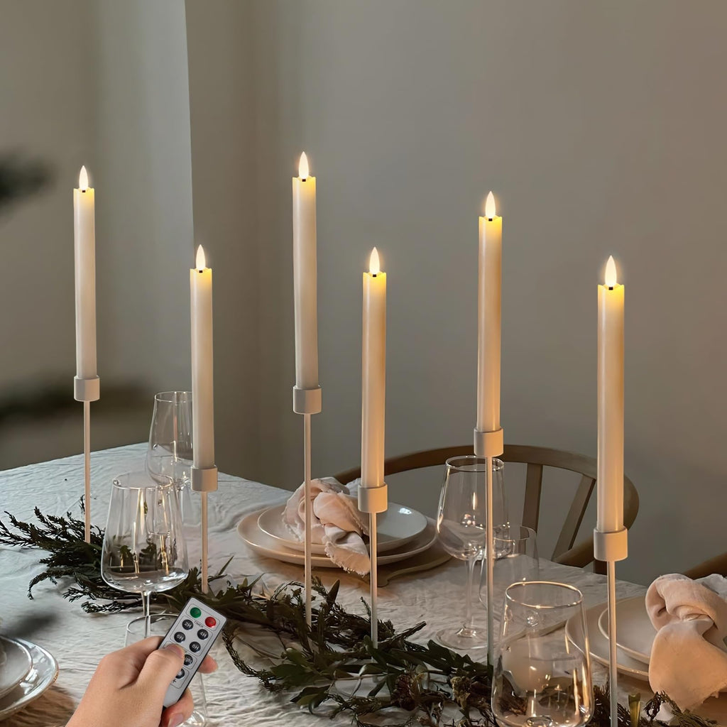 Homemory 9.6 Inches Waxy Flameless Taper Candles with Remote Timer Dimmer, Flickering LED Candlesticks, Battery Operated Window Candle for Christmas Wedding Decor, 6 Pcs Ivory Wavy Taper Candles