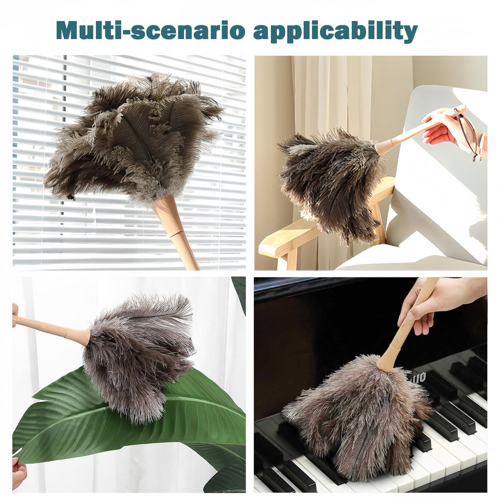 Ostrich Feather Duster for Cleaning-Furniture Dusters with Handle Ddzmz Hand Duster with Fluffy Natural Genuine Feather Reusable Household Duster, Gray and Brown(Length 16")