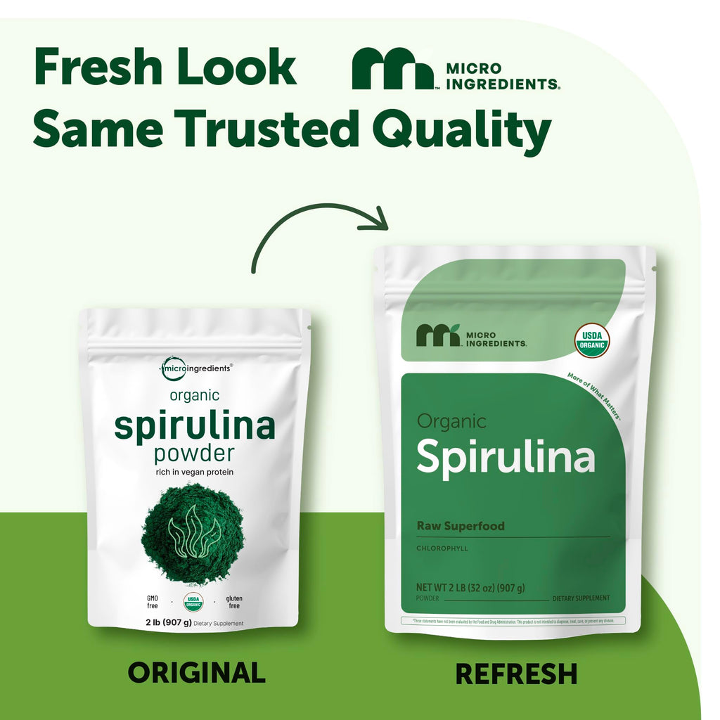 Micro Ingredients Organic Spirulina Powder, 2lb | Blue-Green Algae, Rich in Vegan Protein, Vitamins & Minerals | Source of Natural Chlorophyll & Enzymes | Non-GMO, Gluten-Free, No Additives