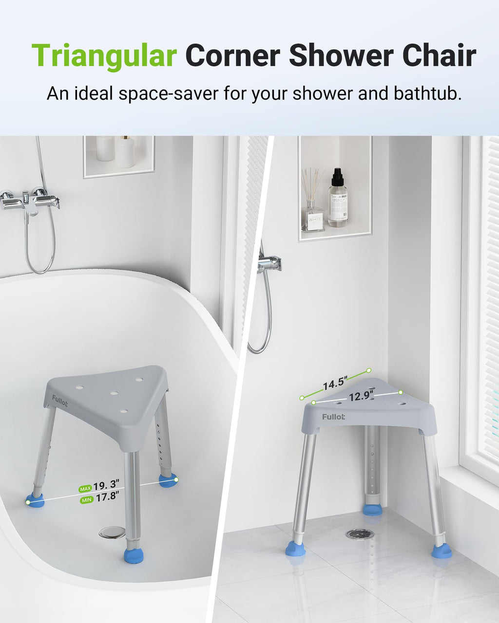 FULLOT Space-Saving Triangular Shower Chair for Elderly and Disabled, 400 lbs Adjustable Shower Stool Seat with Stable-Bracing, Non-Slip Bathtub Chair, Tool-Free Assembly
