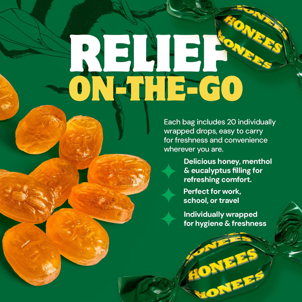 Honees Filled Menthol Cough Drops, Honey, Menthol & Eucalyptus Cough Drops- Natural Sore Throat Relief - Nothing Artificial -Throat Lozenges, Non-GMO (5 Pack - 100 Drops)