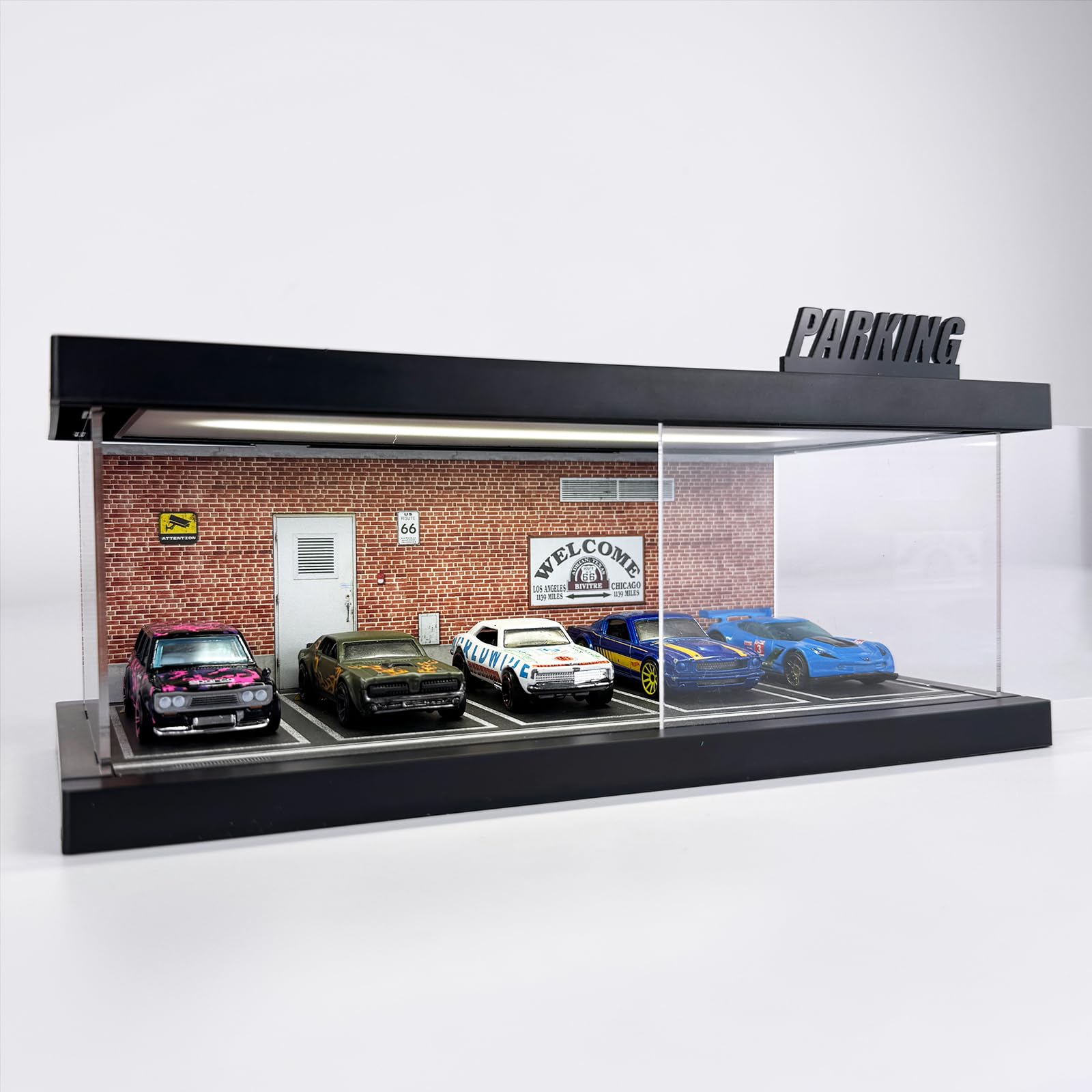 Bivitre 1/64 Model Car Display Case - Compatible with Hot Wheels Matchbox Mini GT Diecast Cars,Acrylic Box for Toy Cars Display Décor and Storage,Stackable Garage Diorama with LED Lights(1T-RedBrick)