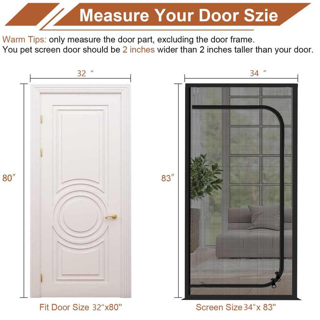 Upgraded Reinforced Pet Screen Door Thickened Cat Resistant Mesh Screen Door for Living Room, Bedroom, Patio, Dog Cat Scratch Proof Screen with Zipper Closure (Fits Door Size up to 32''x 80'', Black)