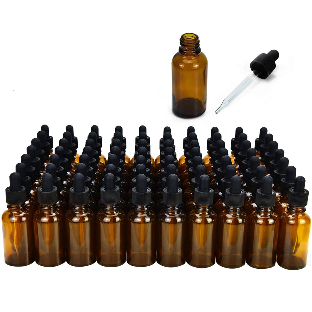 June Fox 99 Pack 1oz Amber Glass Dropper Bottles with Glass Droppers and Black Cap for Essential Oils, Lab Chemicals, Perfumes