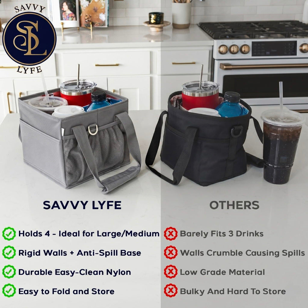Savvy Lyfe Reusable Drink Carrier with Handle – Tip-Resistant 4 Cup Carrier with Shoulder Strap for Delivery – Insulated, Foldable, Adjustable Dividers – Portable Caddy Tote Bag, Drink Holder for Car