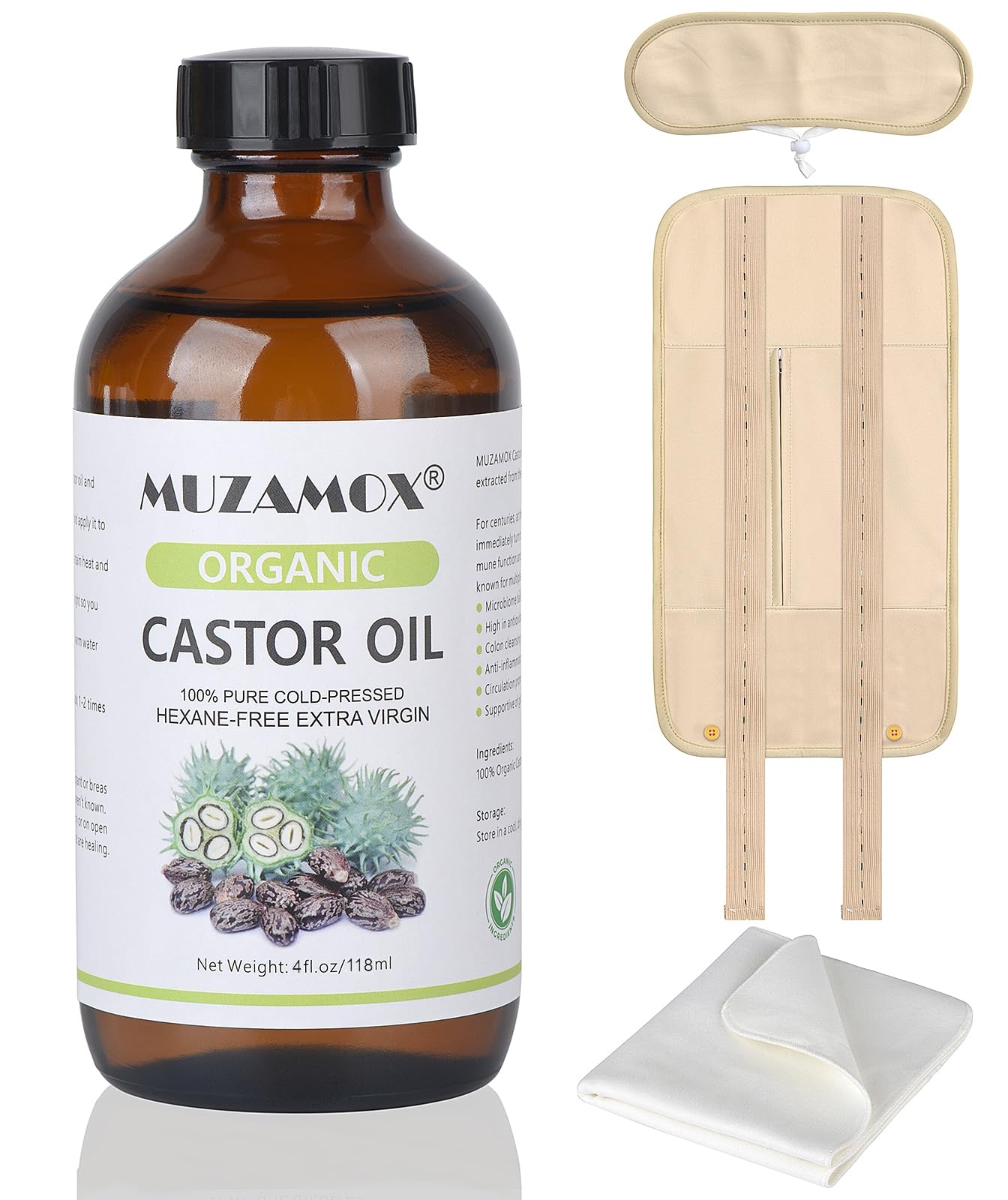 MUZAMOX Castor Oil Pack Wrap & 4 fl.oz Glass Bottle Set, Organic Cold-Pressed Unrefined Castor Oil Included