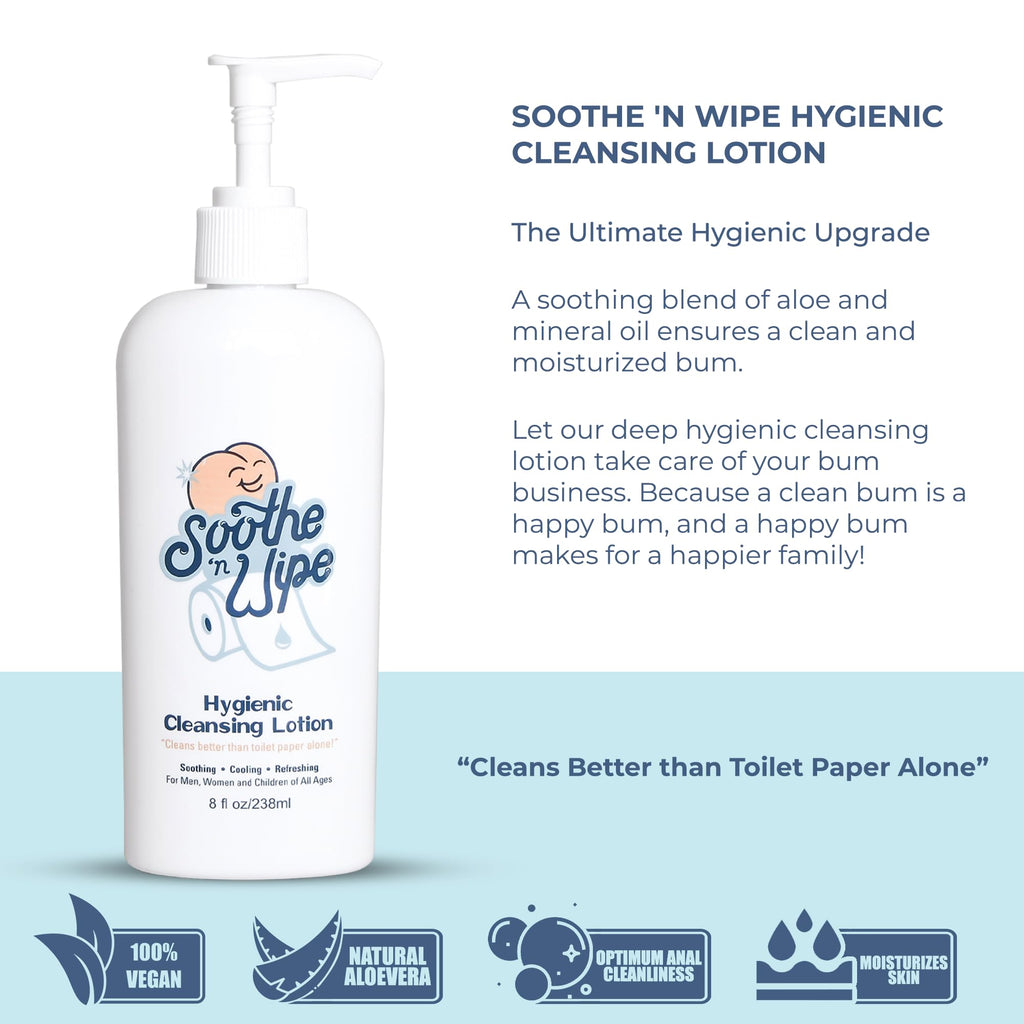 SOOTHE 'N WIPE Hygienic Cleansing Lotion – Toilet Sanitizer Paper Moisturizer with Aloe & Mineral Oil, Flushable Wipe Alternative Cleaning Lotion, Septic Safe Personal Bathroom Hygiene Pump, 8 Oz