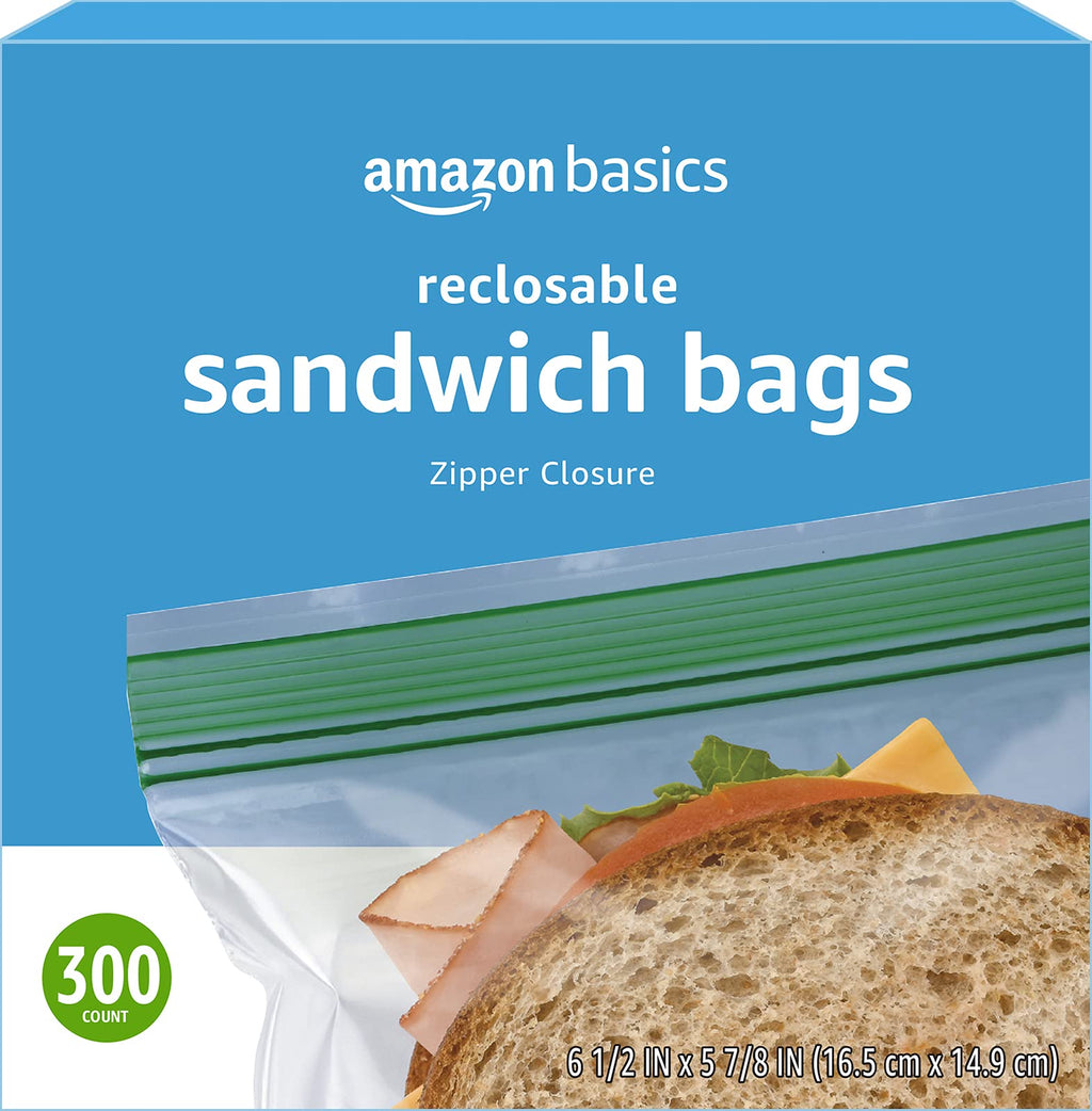 Amazon Basics Resealable Double Zipper Sandwich Storage Bags for Food Storage, 300 Count (Previously Solimo) (Pack of 2)