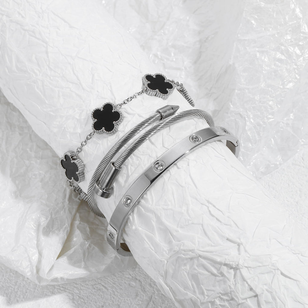 Jade cabbage Gold Bracelets for Women 18K Gold Plated Love Friendship Bracelet With Cubic Zirconia Cuff Bangle Jewelry Set Witness the Gift of Love (Silver 3pcs-B Medium 6.5")