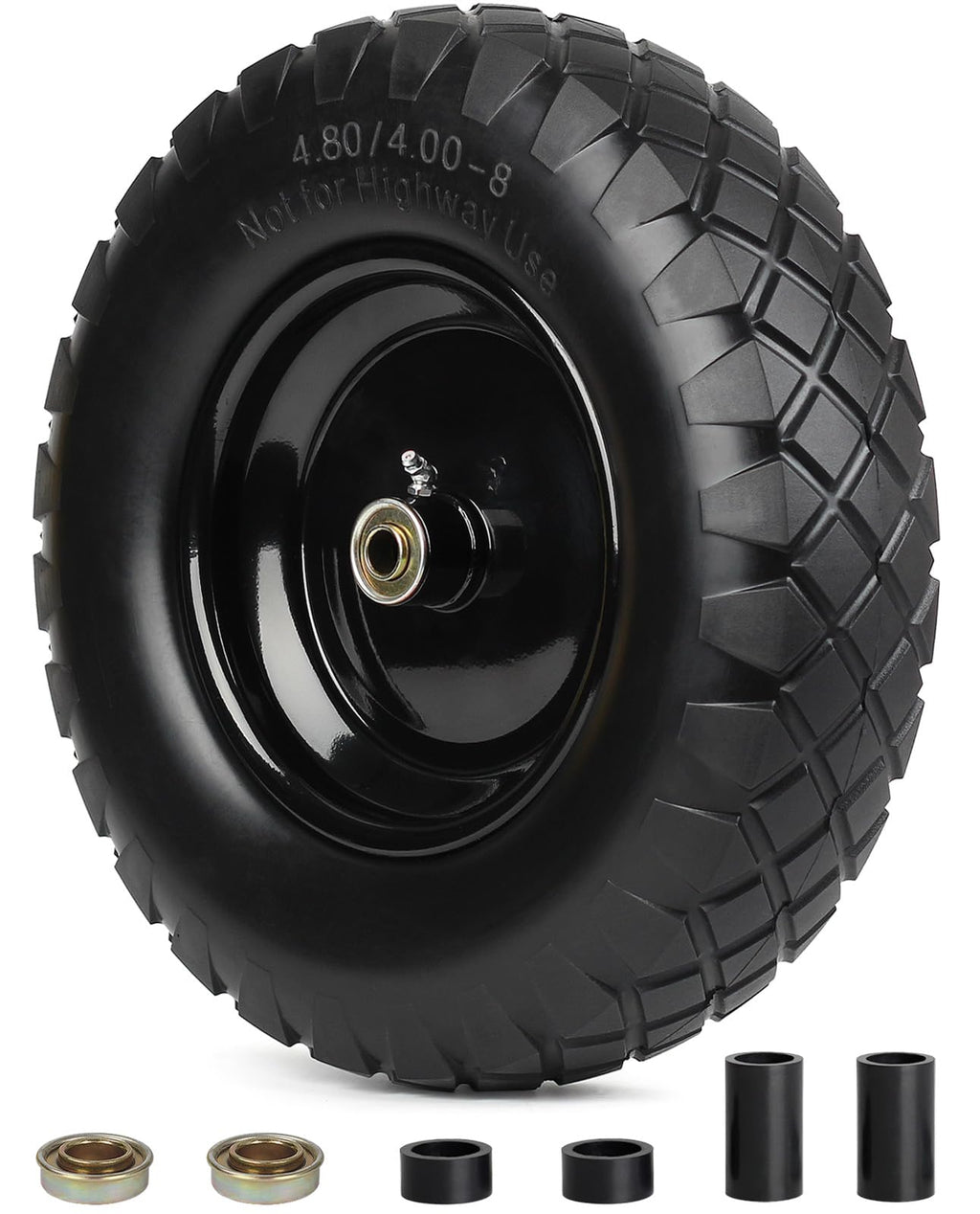 GICOOL 4.80/4.00-8" Wheelbarrow Tire, 16" Flat-Free Solid Tire and Wheel, 3-6" Centered Hub, 5/8" & 3/4" Bearing, For Garden Wagon Cart Trolley Dolly (1 Pack)