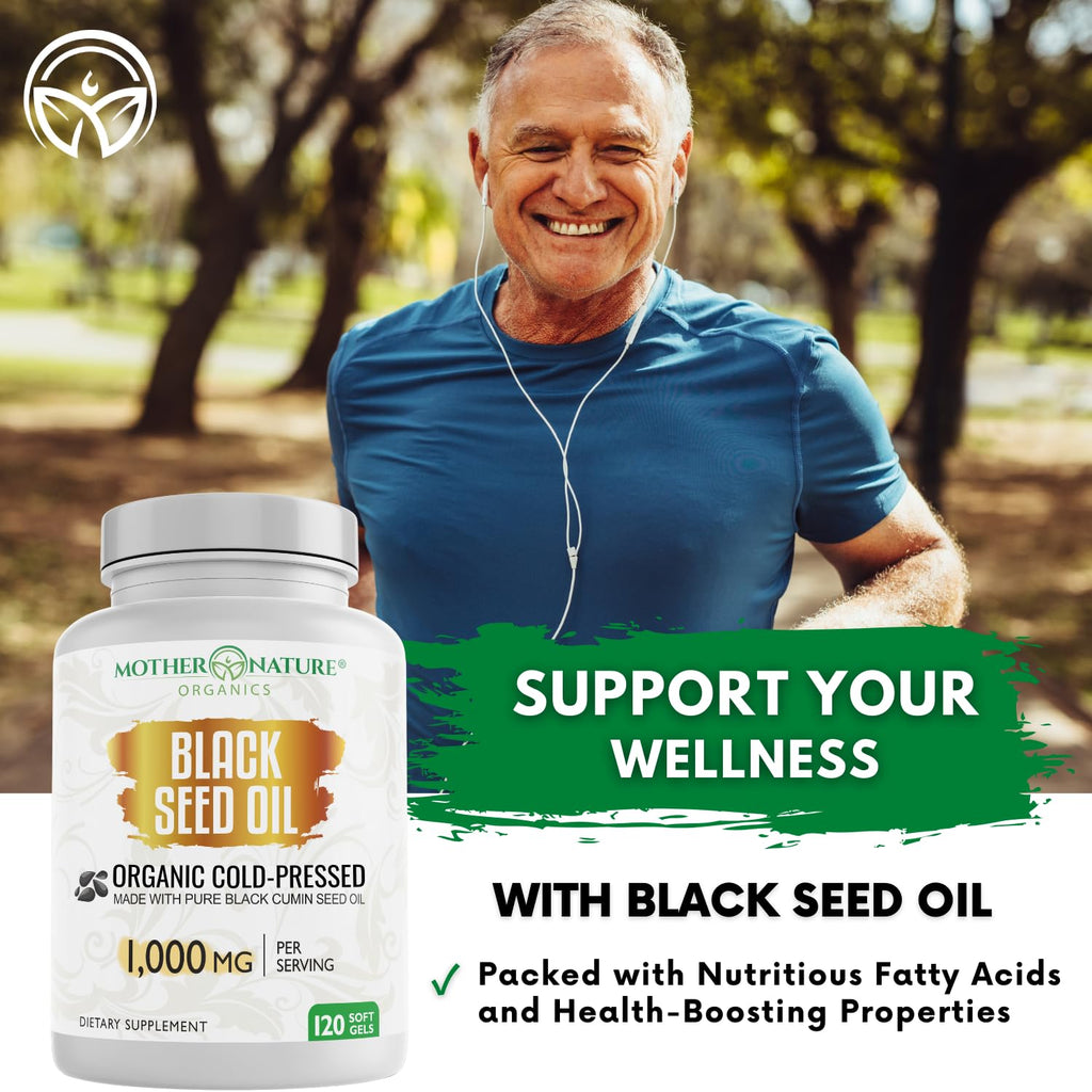 Black Seed Oil Capsules 1000mg, Organic Cold Pressed Black Cumin, High TQ, Immune & Joint Support, 120 Count (2 Month Supply)