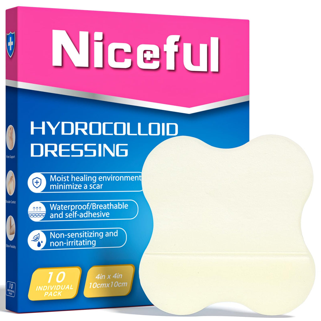 Niceful Hydrocolloid Bandages 4"x4" for Knee, Elbow, 10 Count