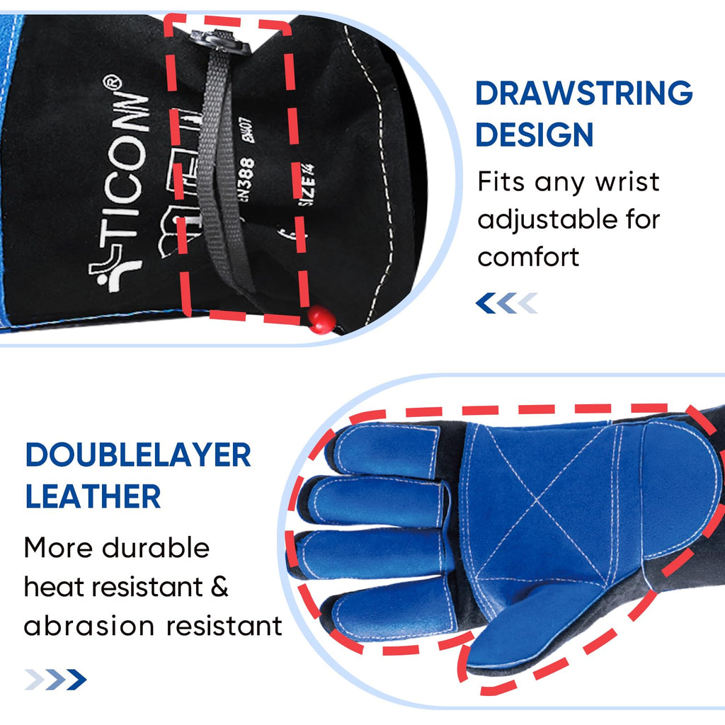 TICONN 16 Inch Welding Gloves, 1000°F Heat-Resistant Fireproof Leather Gloves for Welders, Stick, Forge, Mig, Tig, BBQ, Baking, Oven (Black/Blue, XL)