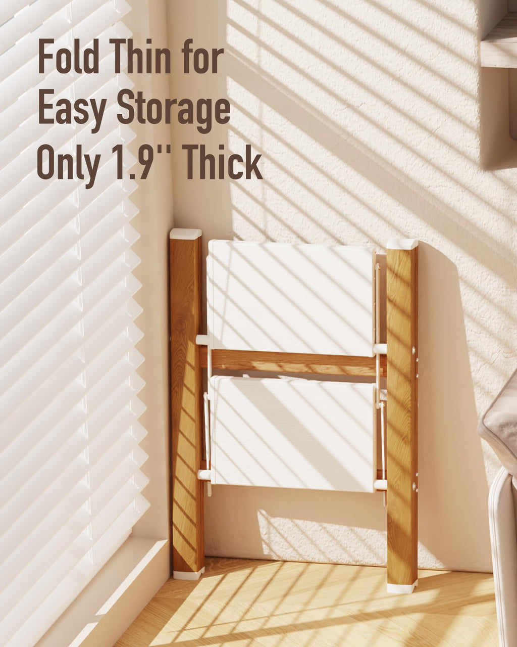 Mayi Plus 2-Step Aluminum Ladder,Lightweight Folding Step Stool with Extra-Wide Anti-Slip Steps,330 lbs Capacity,Compact Space-Saving Design for Home,Kitchen and Office（White&Woodgrain）