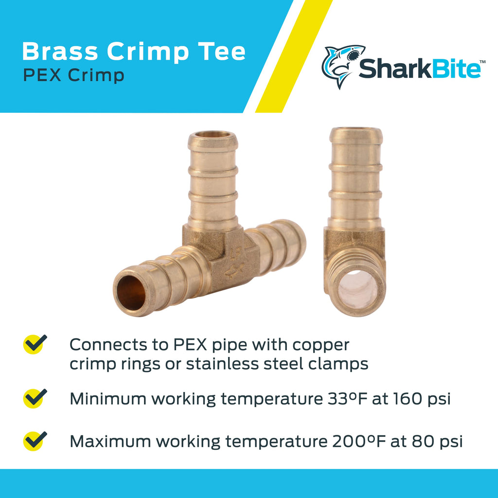 SharkBite 3/8 Inch Crimp Tee, Pack of 10, Brass Plumbing Fitting, PEX Pipe, PE-RT, UC360LF