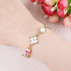 Gold Clover Charm Link Bracelet for Women Cute Colorful Geometric Diamond Mother of Pearl Lucky Four Leaf Clover Bracelet Enamel Crystal Rhinestone Statement Bracelet Adjustable Party Jewelry Gift