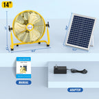 ZMLBTF 14" Solar Powered Fan with 20W Solar Panel & Rechargeable Battery, Portable, Quiet 12 Speed, 360° Tilt Head for Outside, Camping, Travel, Greenhouse, Chicken Coop, Patio, gazebo (Yellow)