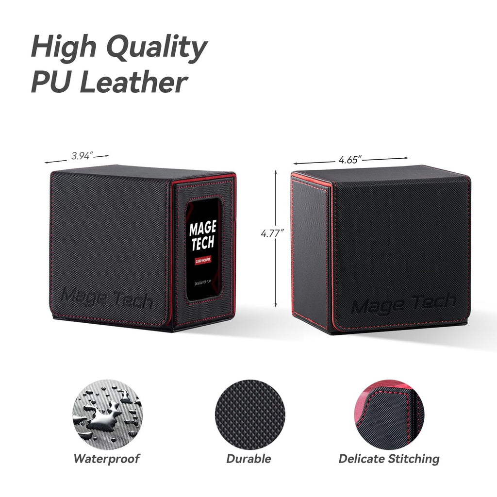 Mage Tech Card Deck Box for MTG Commander - Patented Design, Commander Display, Fits 100 Double-Sleeved Cards, 35pt Card Brick & Dice Tray - Black/Red