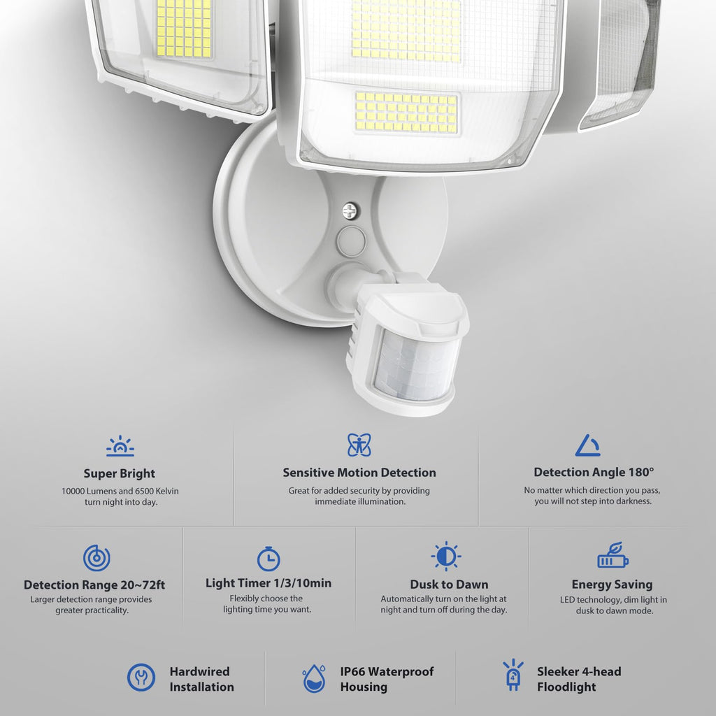Onforu 90W 10000LM LED Motion Sensor Outdoor Lights, 4-Head Dusk to Dawn Outdoor Lighting, 2 Pack Hardwired Flood Lights, IP66 Waterproof 6500K Security Floodlight for Outside (White)