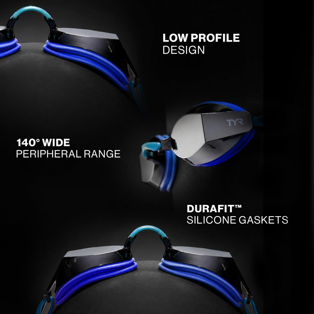 TYR Blackops 140 EV Racing Goggles – Mirrored Swim Goggles for Men & Women, Anti-Fog, UV Protection, Low Profile Competitive Swimming (Gold/Navy)