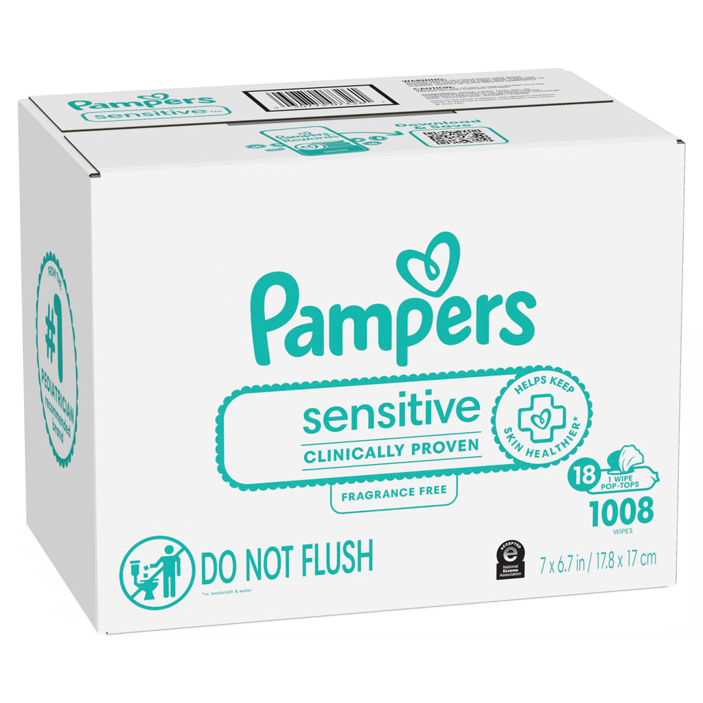 Pampers Sensitive Baby Wipes, Unscented, Fragrance Free, Clinically Proven, Water Based, Hypoallergenic, Multi-Use, Hand Wipes, 1008 Wipes Total (18X Flip-Top Packs)