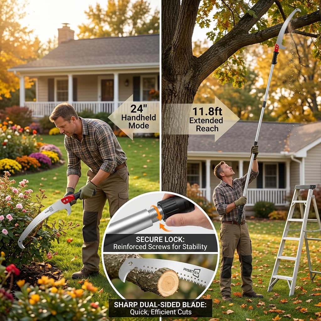 RISETEX Pole Saws for Tree Trimming 11.8 FT, Manual Pruning Saw