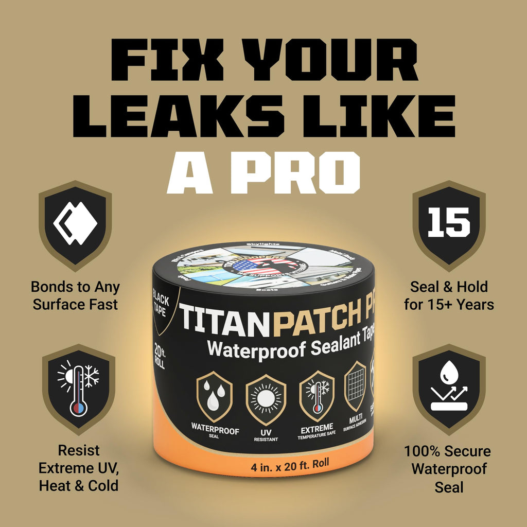 TITANPATCH PRO Waterproof Sealant Tape – Black 4" x20' – Stops Leaks Fast & Stays Sealed for 15+ Years – Sticks to RVs, Roofs, Pools, Boats, Gutters – Built for Harsh Weather (-40°F to 190°F)