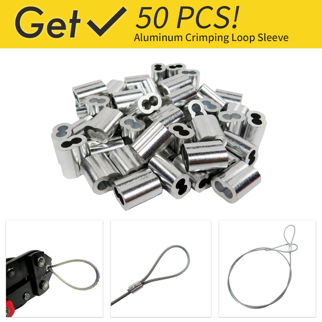 1/16 Wire Rope, 100FT 304 Stainless Steel Cable with 50Pcs Crimp Sleeves, Aircraft Grade, 7x7 Strand, 368lbs Breaking Strength, for Garden Trellis, Clothesline, Railing,Trellis